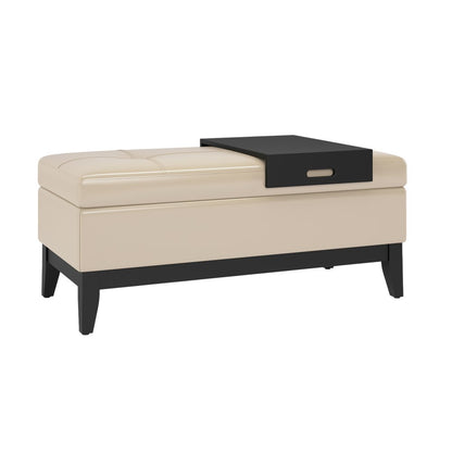 42" Saddle Brown and Dark Brown Tufted Faux Leather and Solid Wood Upholstered Storage Bench With Tray