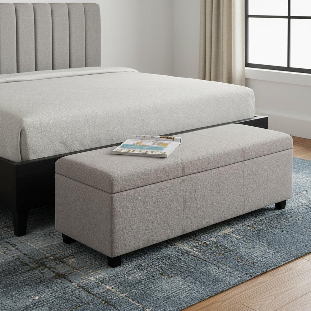 48" Cloud Gray And Dark Brown Faux Linen And Solid Wood Upholstered Storage Bench With Flip Top