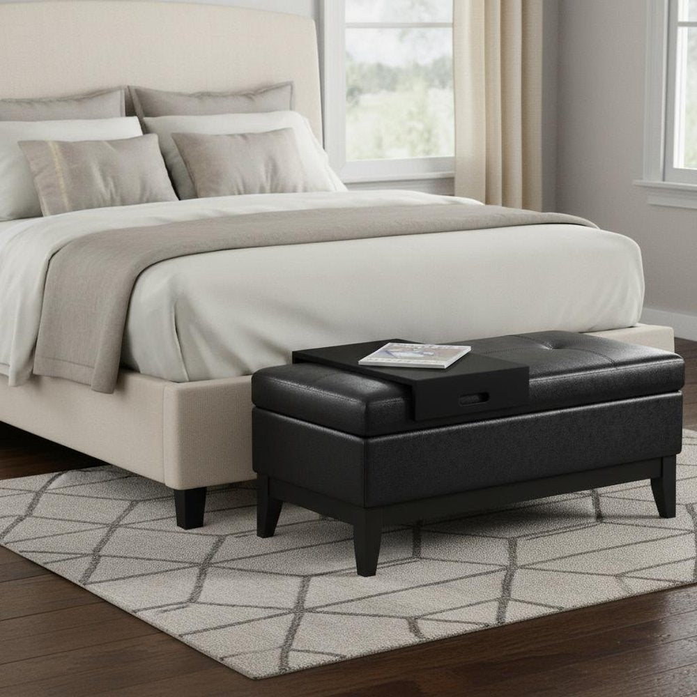 42" Saddle Brown and Dark Brown Tufted Faux Leather and Solid Wood Upholstered Storage Bench With Tray