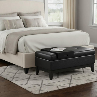 42" Saddle Brown and Dark Brown Tufted Faux Leather and Solid Wood Upholstered Storage Bench With Tray