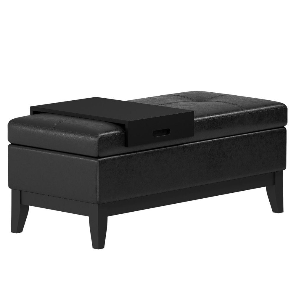 42" Saddle Brown and Dark Brown Tufted Faux Leather and Solid Wood Upholstered Storage Bench With Tray