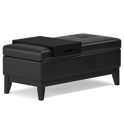 42" Saddle Brown and Dark Brown Tufted Faux Leather and Solid Wood Upholstered Storage Bench With Tray