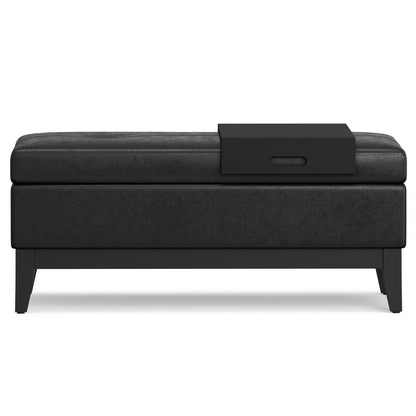 42" Saddle Brown and Dark Brown Tufted Faux Leather and Solid Wood Upholstered Storage Bench With Tray