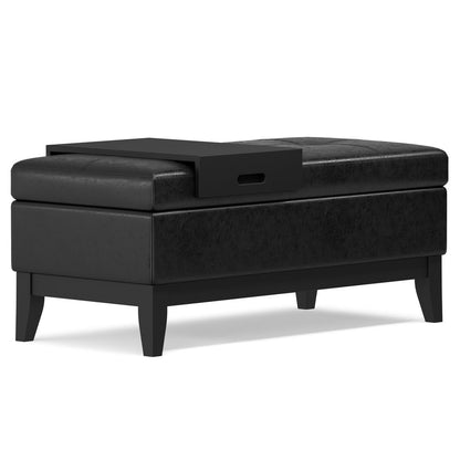 42" Saddle Brown and Dark Brown Tufted Faux Leather and Solid Wood Upholstered Storage Bench With Tray