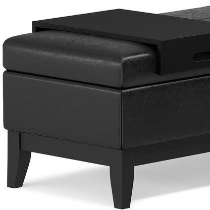 42" Saddle Brown and Dark Brown Tufted Faux Leather and Solid Wood Upholstered Storage Bench With Tray