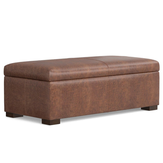 48" Brown And Walnut Faux Leather Ottoman With Storage