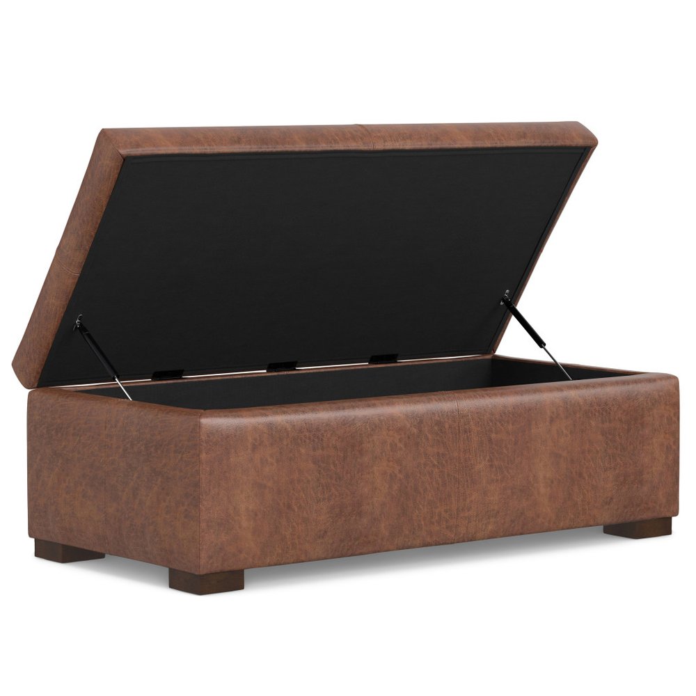 48" Brown And Walnut Faux Leather Ottoman With Storage