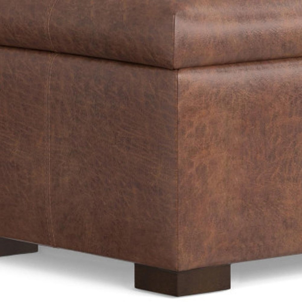 48" Brown And Walnut Faux Leather Ottoman With Storage