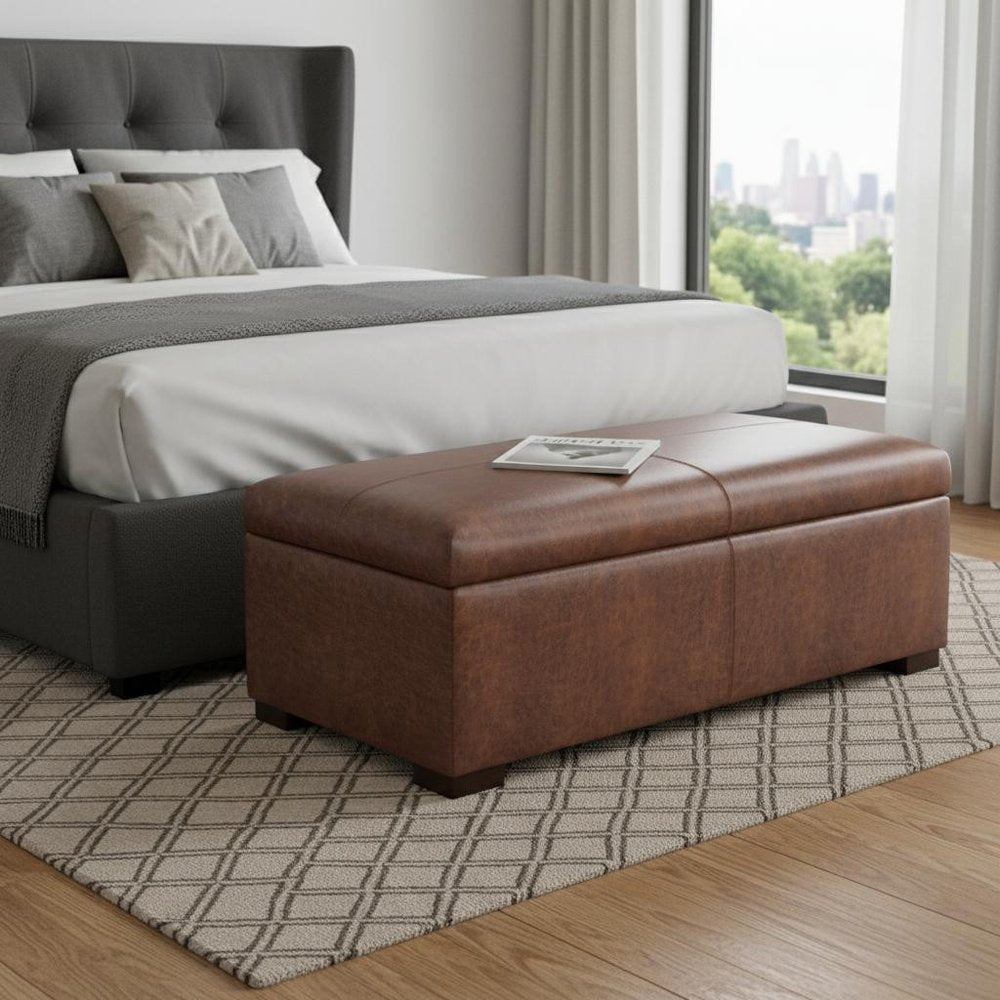 48" Brown And Walnut Faux Leather Ottoman With Storage