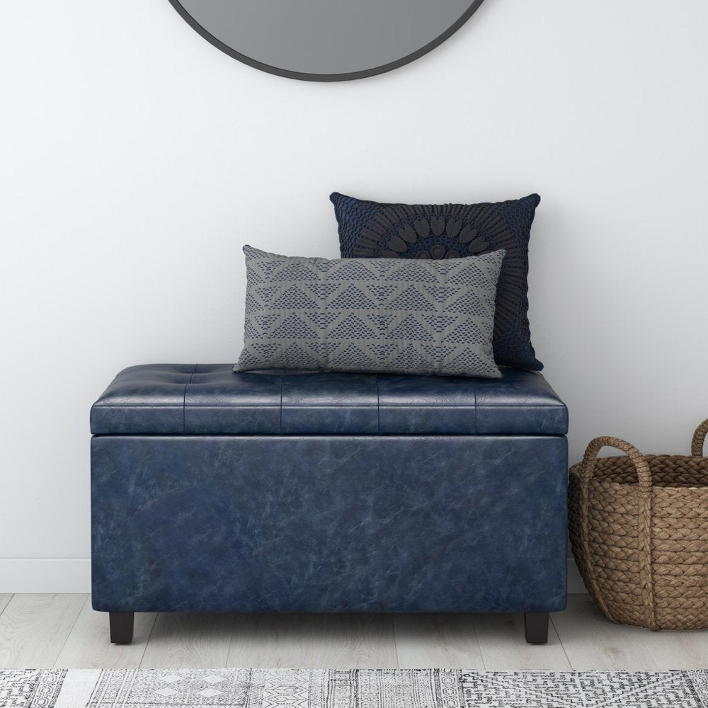34" Denim Blue And Dark Brown Ottoman With Storage