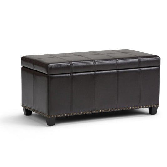 33" Brown and Espresso Faux Leather and Solid Wood Upholstered Storage Bench With Flip Top