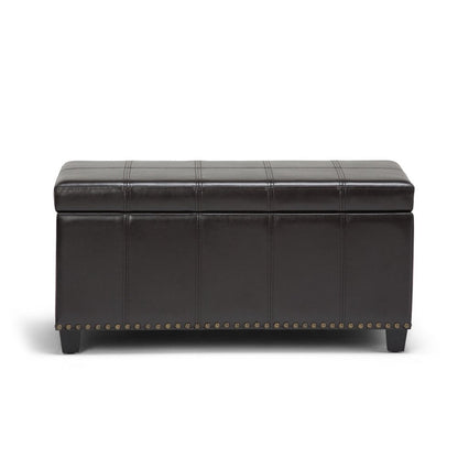 33" Brown and Espresso Faux Leather and Solid Wood Upholstered Storage Bench With Flip Top