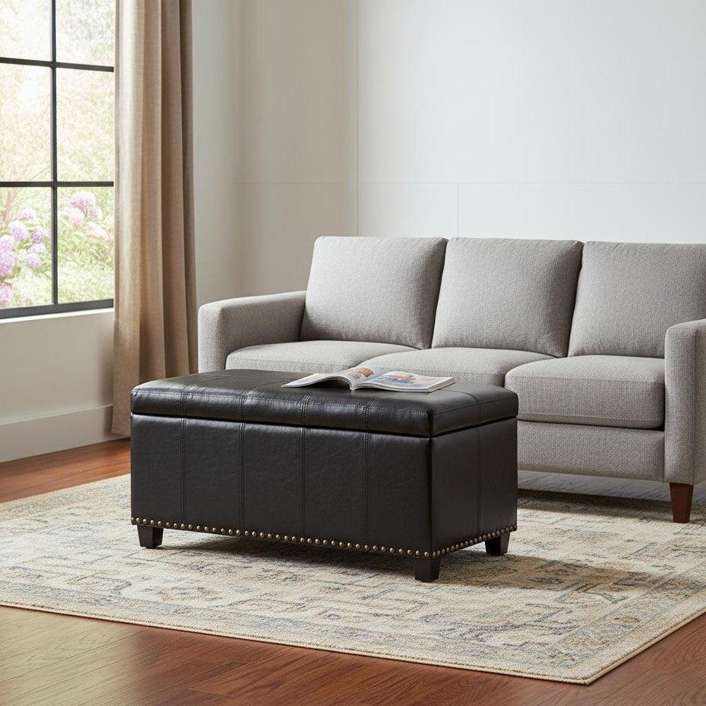 33" Brown and Espresso Faux Leather and Solid Wood Upholstered Storage Bench With Flip Top
