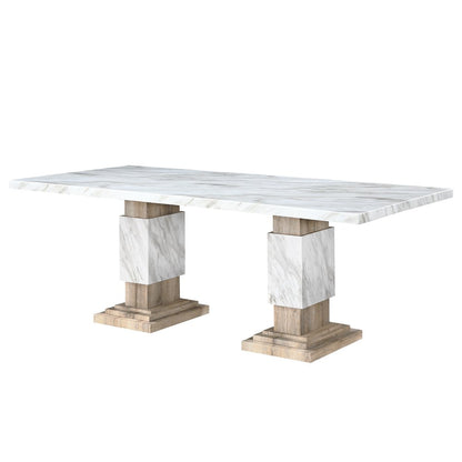 82" White and Natural Faux Marble and Wood Double Pedestal Base Dining Table