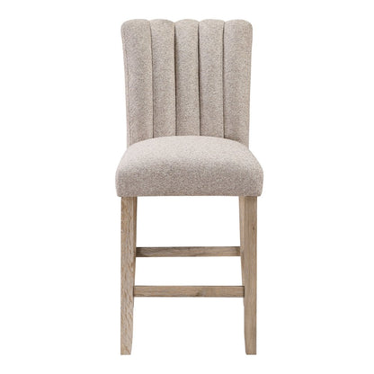 Set of Two 26" Beige And Natural Fabric And Wood Bar Height Bar Chairs