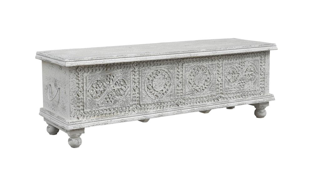 54" White Solid Wood Medallion Ottoman With Storage