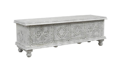 54" White Solid Wood Medallion Ottoman With Storage