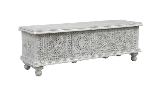 54" White Solid Wood Medallion Ottoman With Storage
