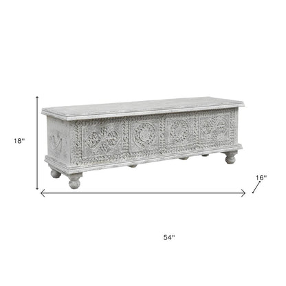 54" White Solid Wood Medallion Ottoman With Storage