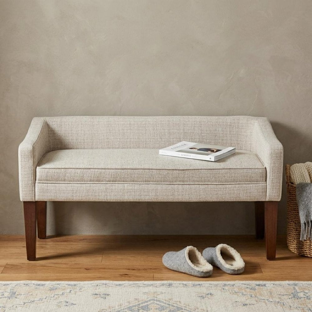 50" Beige and Brown Fabric and Wood Upholstered Bench