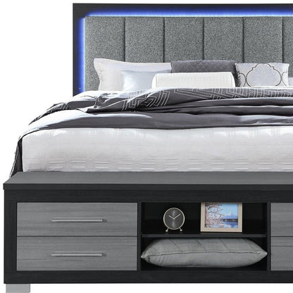 Black and Gray Wood And Upholstery Upholstered King Bed Frame With USB And Drawers With Drawer, Shelve Storage