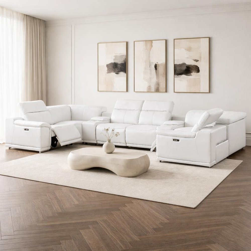 White Leather Modular U Shaped Eight Piece Corner Sectional With Console