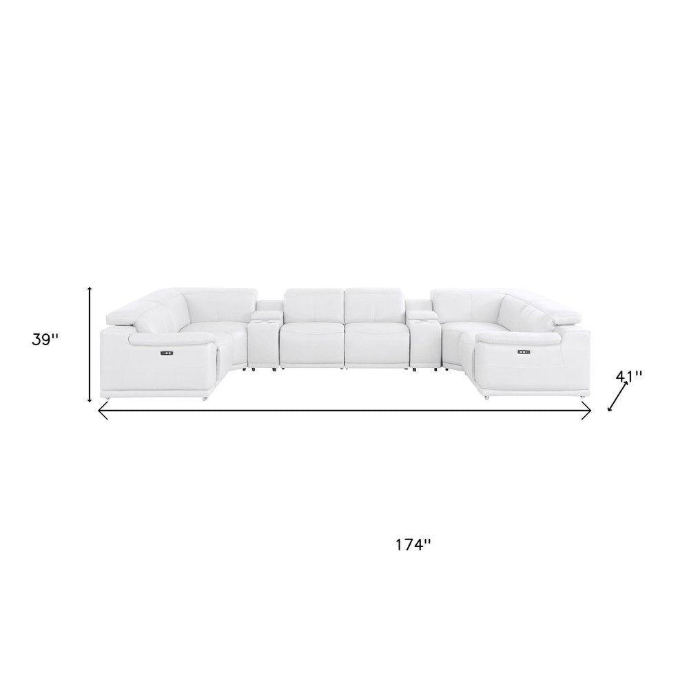 White Leather Modular U Shaped Eight Piece Corner Sectional With Console