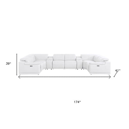White Leather Modular U Shaped Eight Piece Corner Sectional With Console