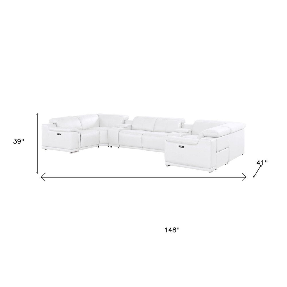 White Leather Power Reclining U Shaped Eight Piece Corner Sectional With Console