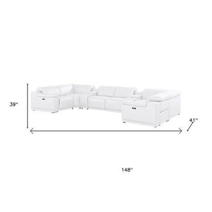 White Leather Power Reclining U Shaped Eight Piece Corner Sectional With Console