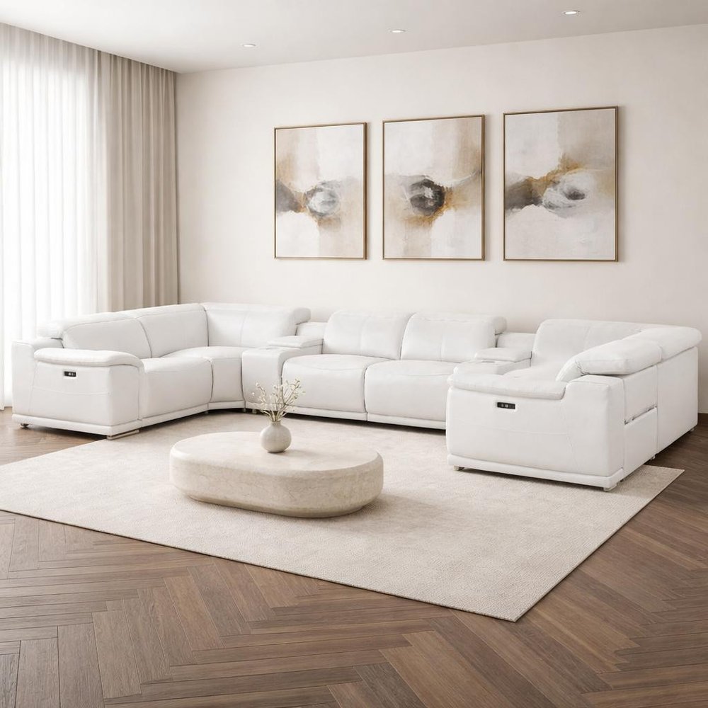 White Leather Power Reclining U Shaped Eight Piece Corner Sectional With Console