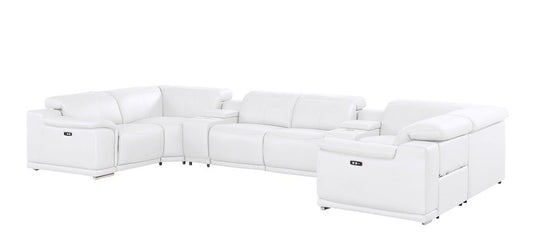 White Leather Power Reclining U Shaped Eight Piece Corner Sectional With Console
