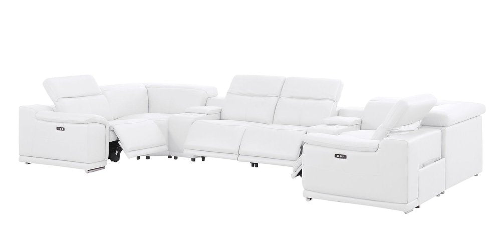 White Leather Power Reclining U Shaped Eight Piece Corner Sectional With Console