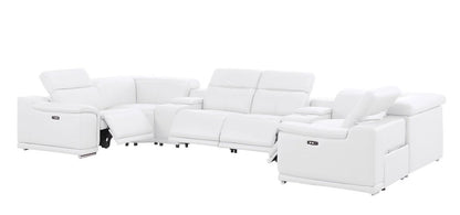 White Leather Power Reclining U Shaped Eight Piece Corner Sectional With Console