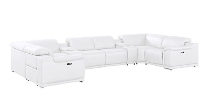 White Leather Power Reclining U Shaped Eight Piece Corner Sectional With Console