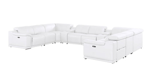 White Leather Power Reclining U Shaped Ten Piece Corner Sectional With Console