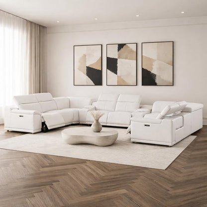 White Leather Power Reclining U Shaped Ten Piece Corner Sectional With Console