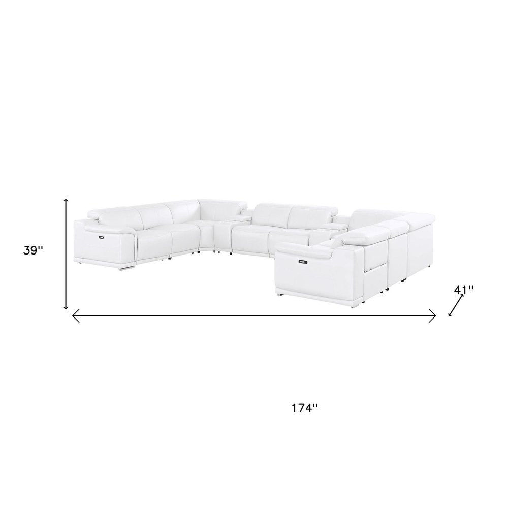 White Leather Power Reclining U Shaped Ten Piece Corner Sectional With Console