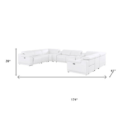 White Leather Power Reclining U Shaped Ten Piece Corner Sectional With Console
