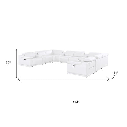 White Leather Power Reclining U Shaped Twelve Piece Corner Sectional With Console