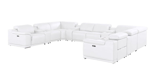 White Leather Power Reclining U Shaped Twelve Piece Corner Sectional With Console