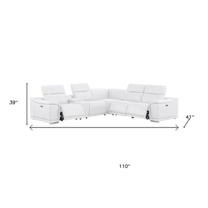 White Leather Power Reclining L Shaped Six Piece Corner Sectional With Console