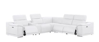 White Leather Power Reclining L Shaped Six Piece Corner Sectional With Console