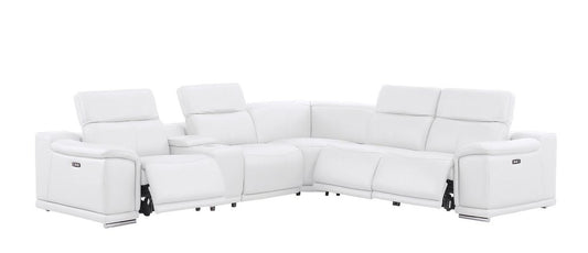 White Leather Power Reclining L Shaped Six Piece Corner Sectional With Console