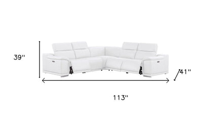 White Leather Power Reclining L Shaped Five Piece Corner Sectional