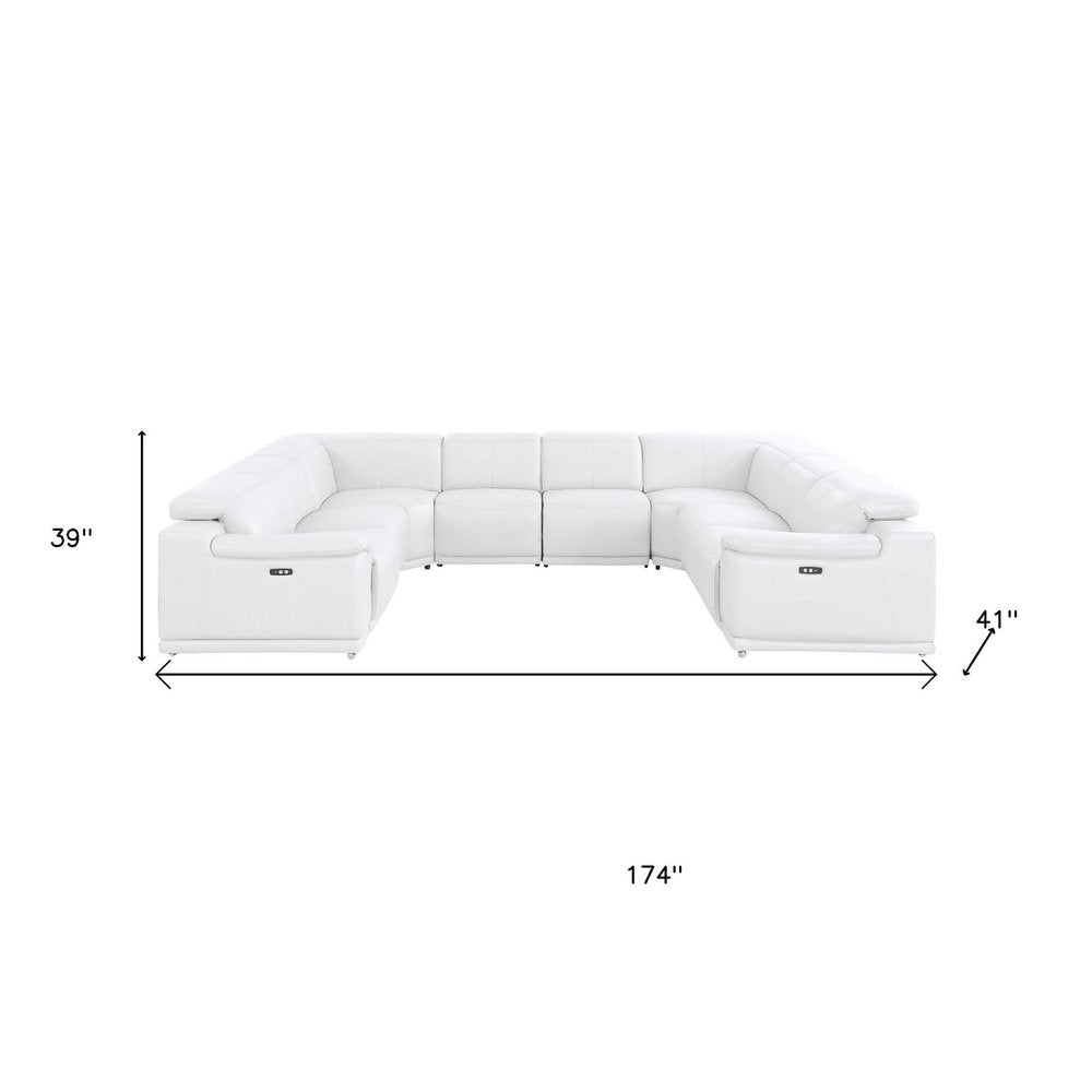 White Leather Power Reclining U Shaped Eight Piece Corner Sectional