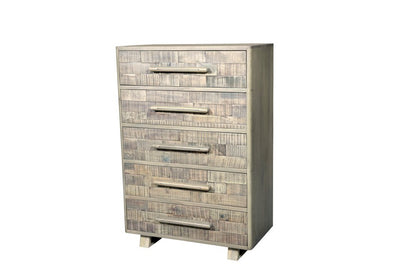 35" Gray Carved Geometric Solid Wood Five Drawer Dresser