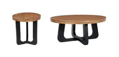 Set Of Two Natural and Black Solid Wood and Iron Round Cross Legs Coffee Table