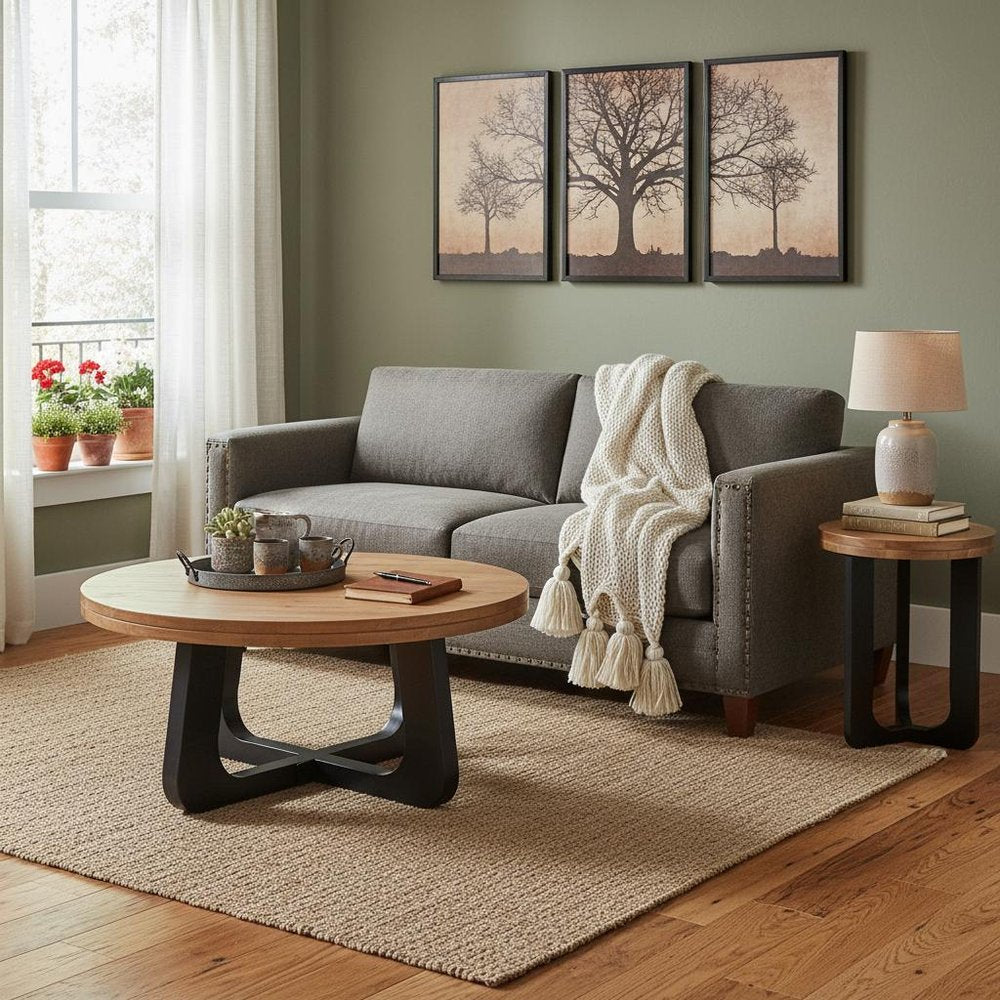 Set Of Two Natural and Black Solid Wood and Iron Round Cross Legs Coffee Table