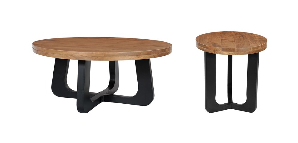 Set Of Two Natural and Black Solid Wood and Iron Round Cross Legs Coffee Table
